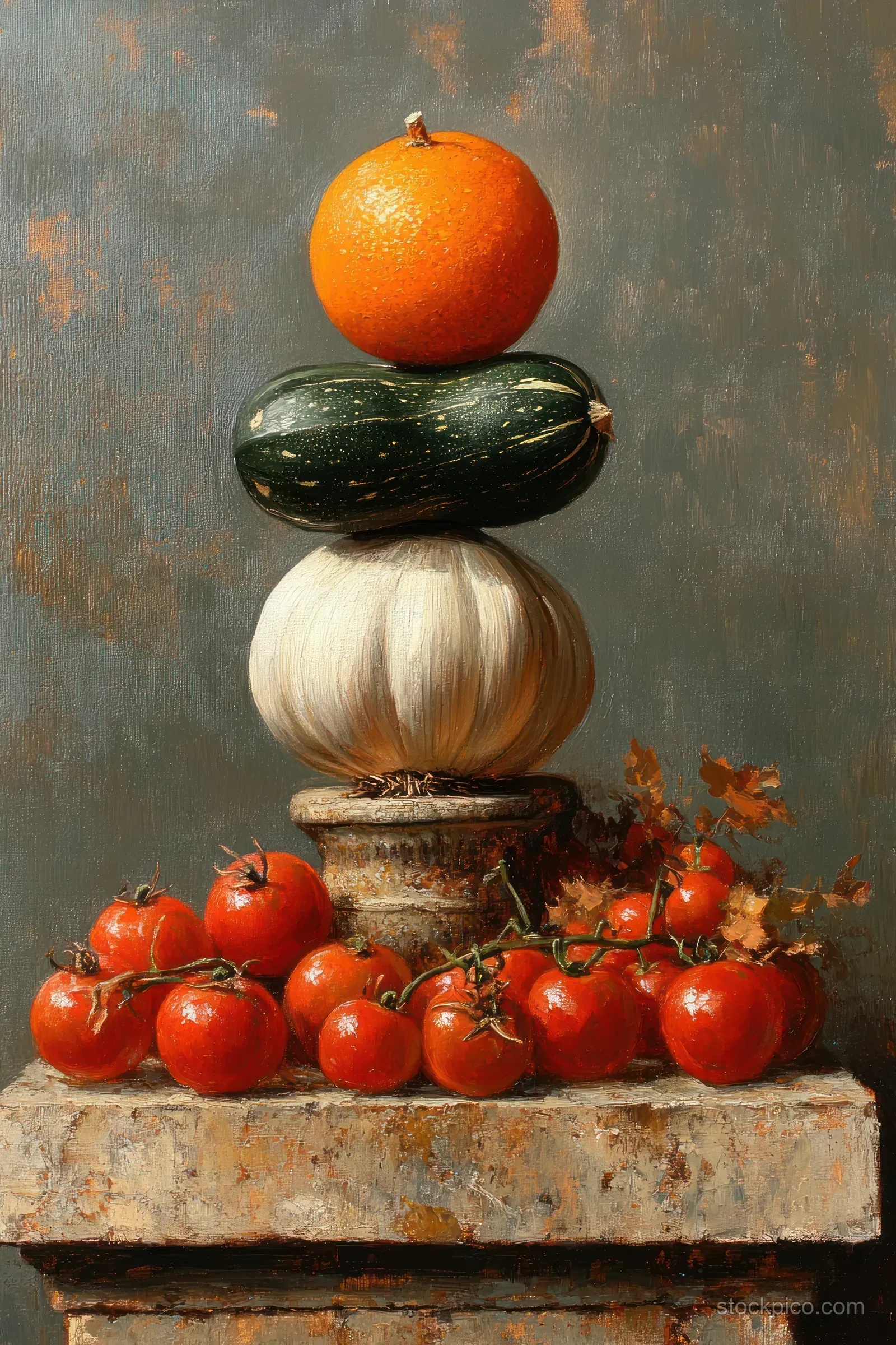 Garlic bulbs and tomatoes are stacked on a weathered wooden crate beneath an orange and green squash.