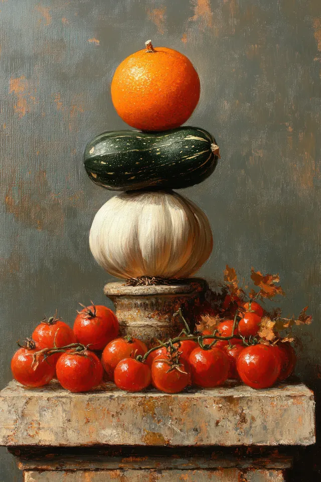 Garlic and tomatoes stacked on a weathered wooden crate with orange and squash