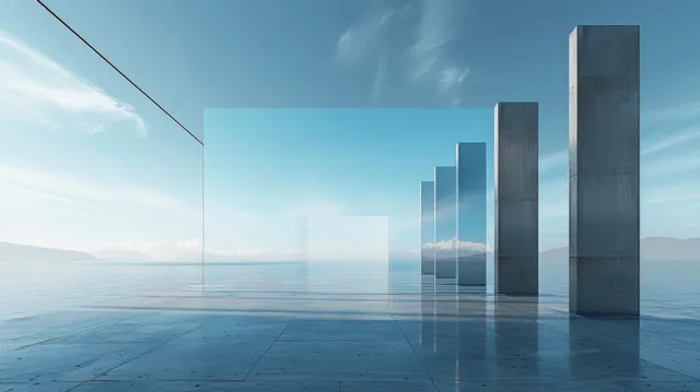 Glass skyscraper pillars stand on a reflective concrete plaza beneath a blue sky.