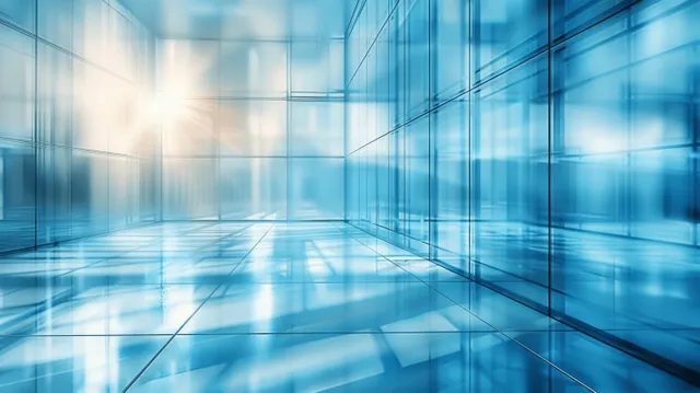 Abstract glass office corridor with luminous light streaks and blurred vanishing-point perspective.
