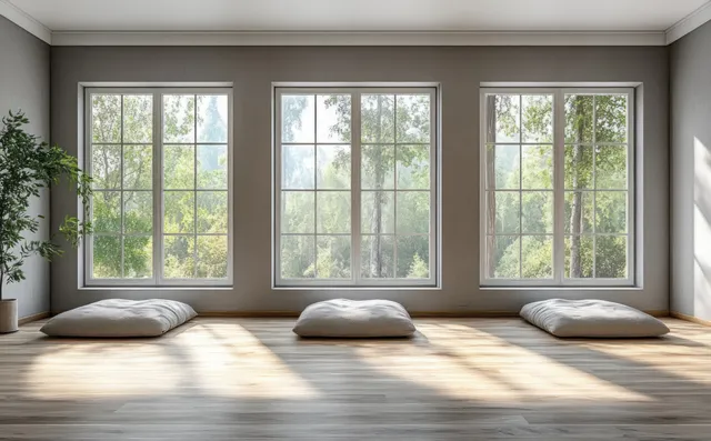 Minimalist living room with three large windows, white cushions, and sunlit wooden flooring.
