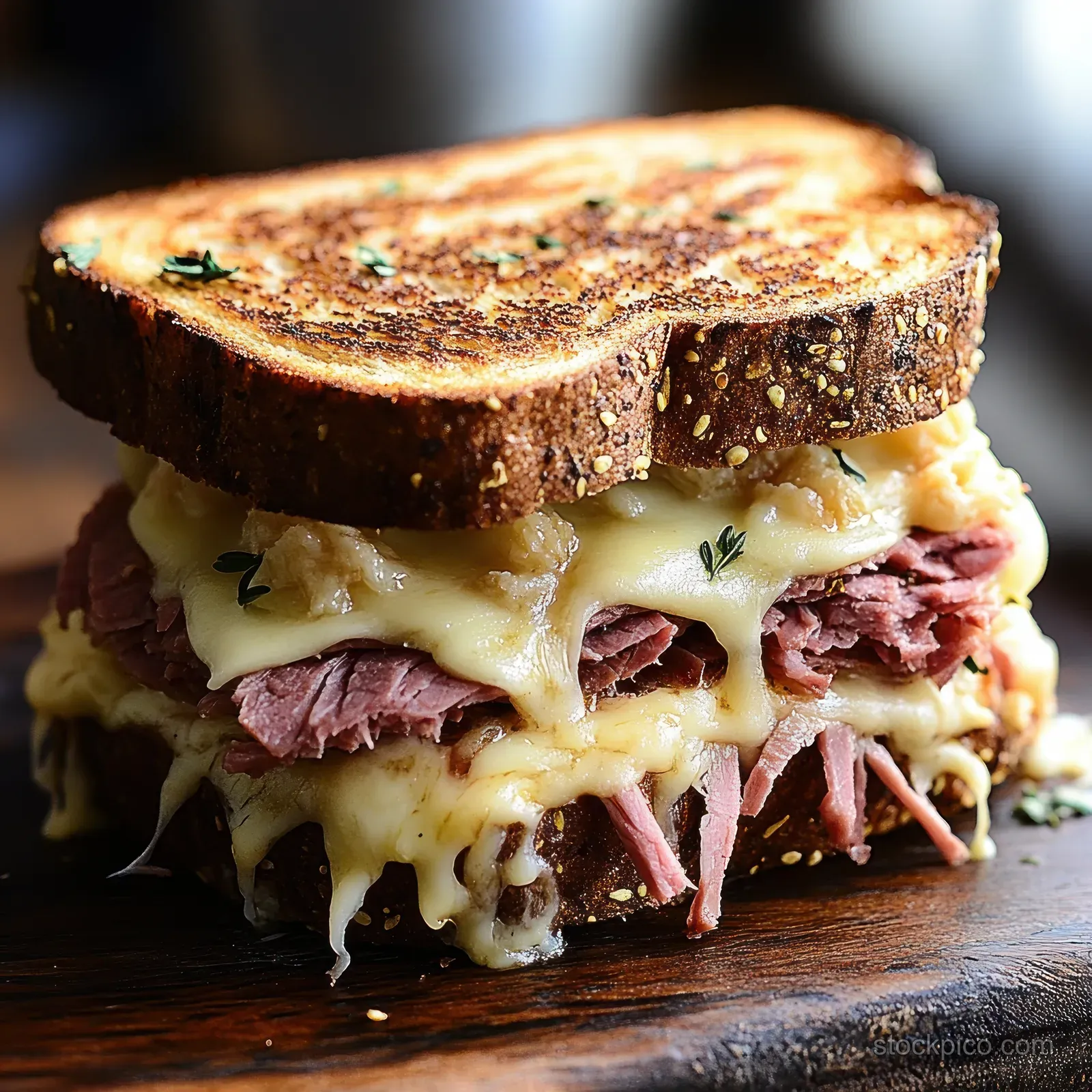 Close-up of a toasted seeded bread sandwich with melted cheese, cured meat slices, and fresh herbs.