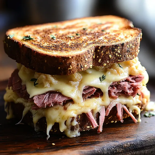 Toasted seeded bread sandwich oozing melted cheese with cured meat and herb garnish