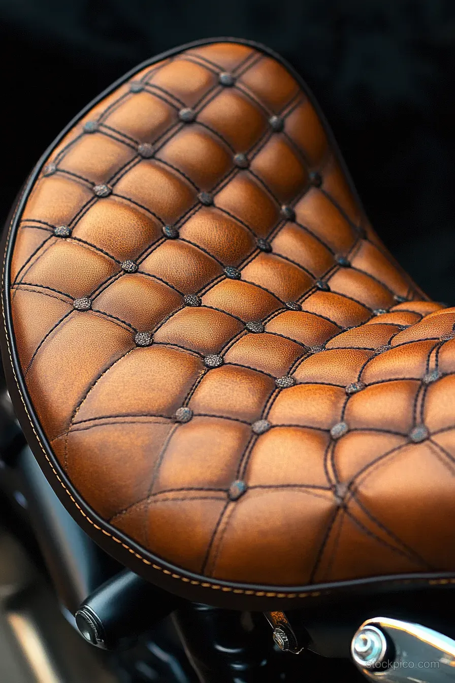 Close-up of a vintage brown quilted leather motorcycle seat with diamond stitching and round textured buttons.