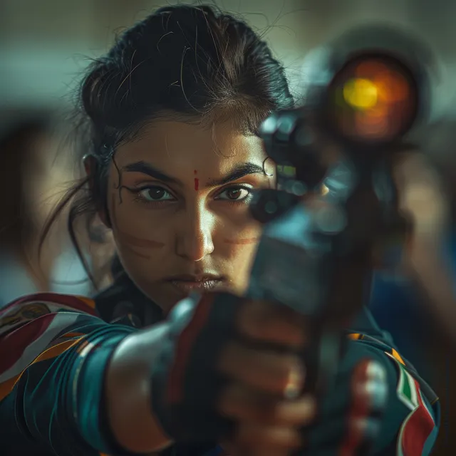 Determined Indian female shooter aiming 10m air pistol in a focused arena