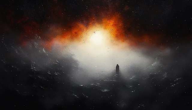 Lonely silhouette stands amid misty dark rocks under fiery orange-white cosmic glow
