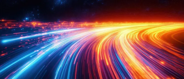 Neon light trails curve along an asphalt racetrack at night with strong motion blur and glowing streaks.
