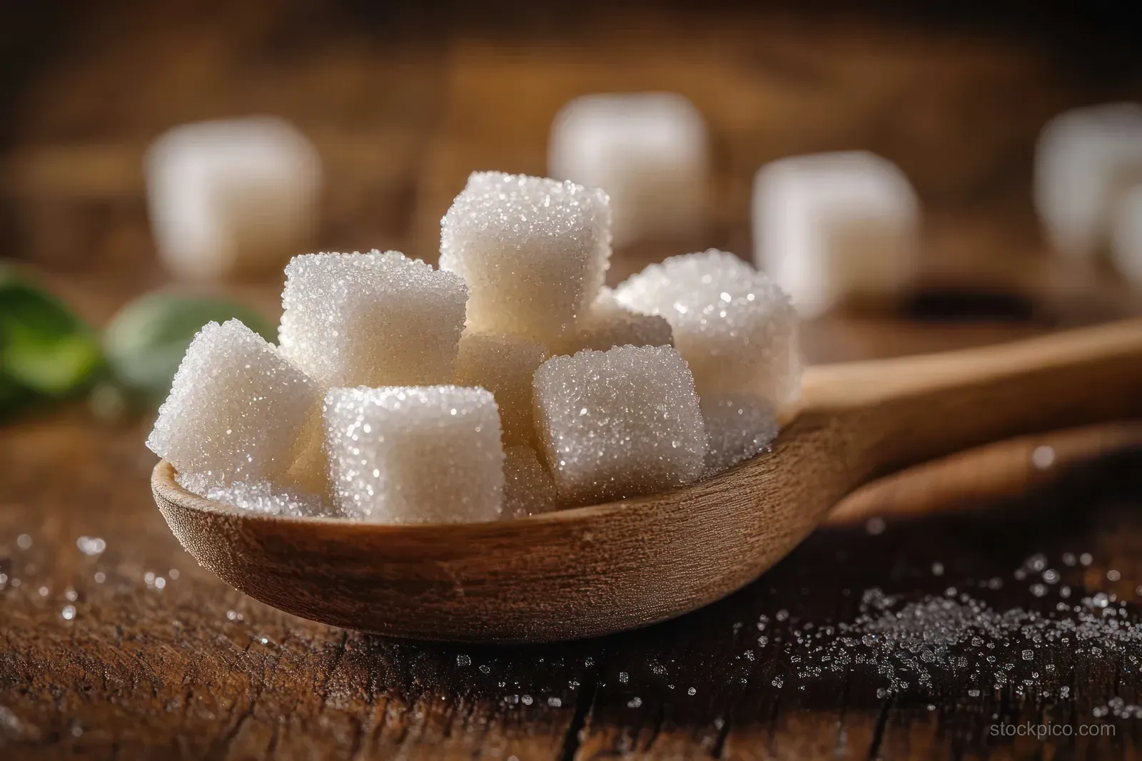 White sugar cubes piled on a wooden spoon with scattered sugar granules on rustic wood.