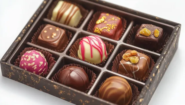 Assorted chocolate truffles in elegant gift box on white background