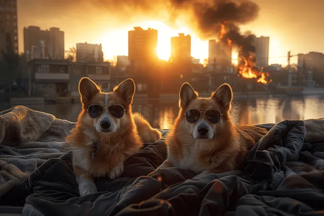 Two corgi dogs wearing sunglasses lounge on a yacht deck with sunset flames in the city skyline behind them.