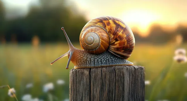 Close-up snail crawling on a weathered wooden post at sunset, spiral shell detail