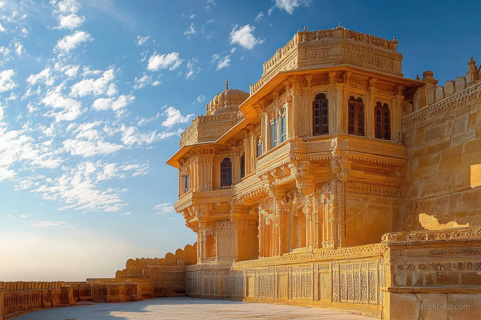Sunlit sandstone fort facade with ornate carvings and stacked balconies against a bright blue sky with clouds.
