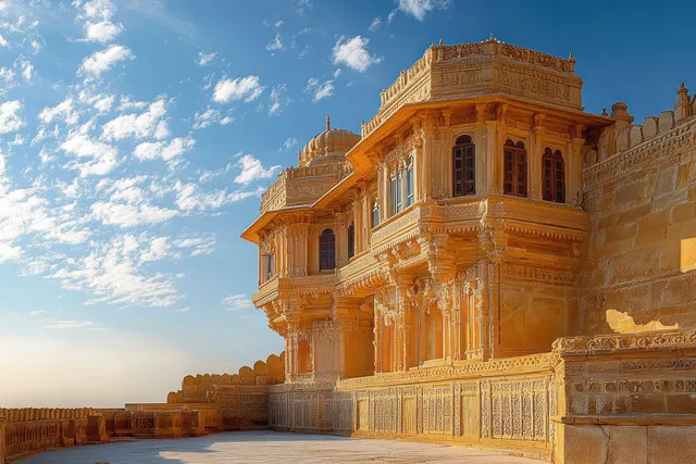 Sunlit sandstone fort facade with ornate carvings and stacked balconies against a bright blue sky with clouds.