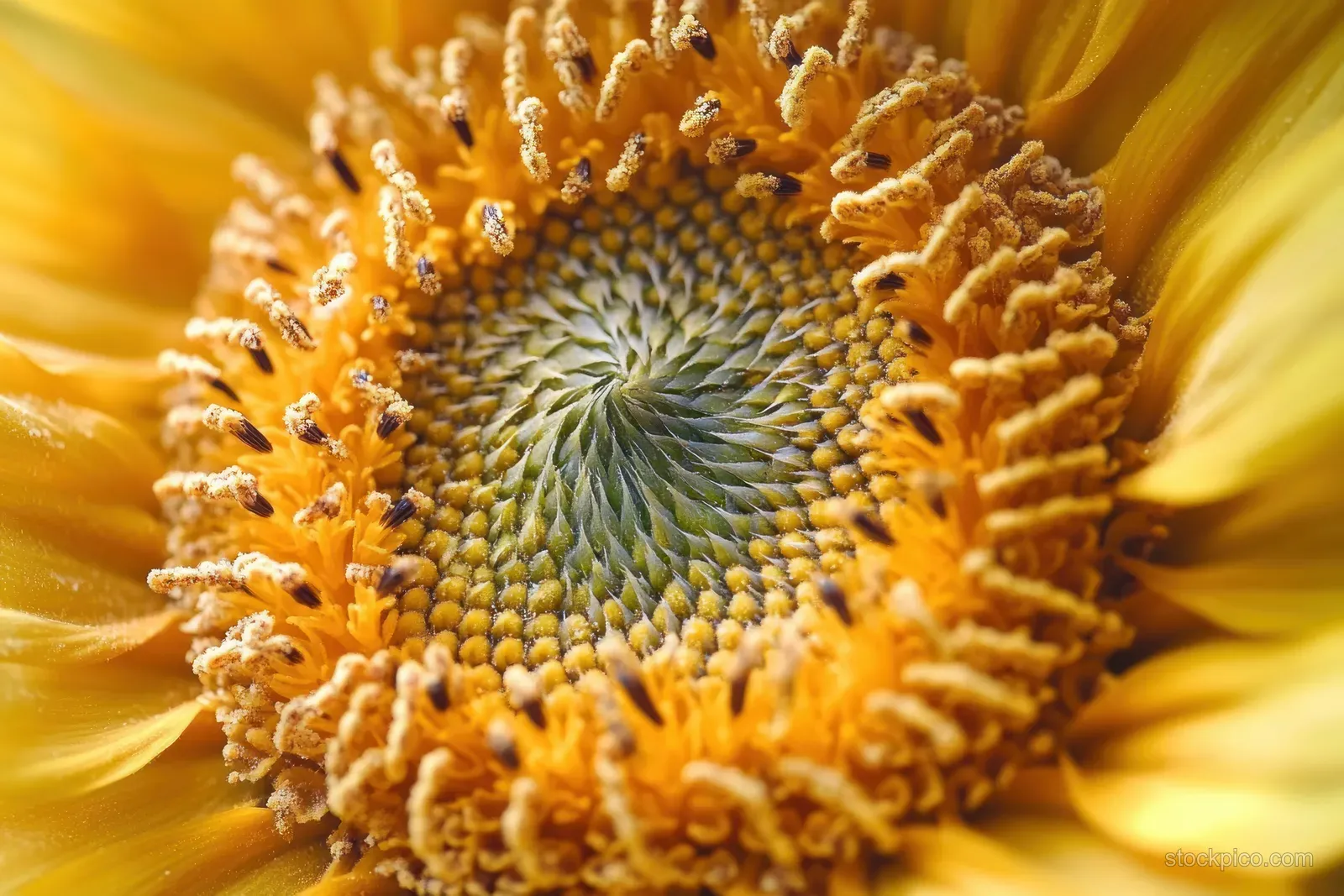 Sunflower bloom center in macro focus with spiral seeds and surrounding yellow petals.