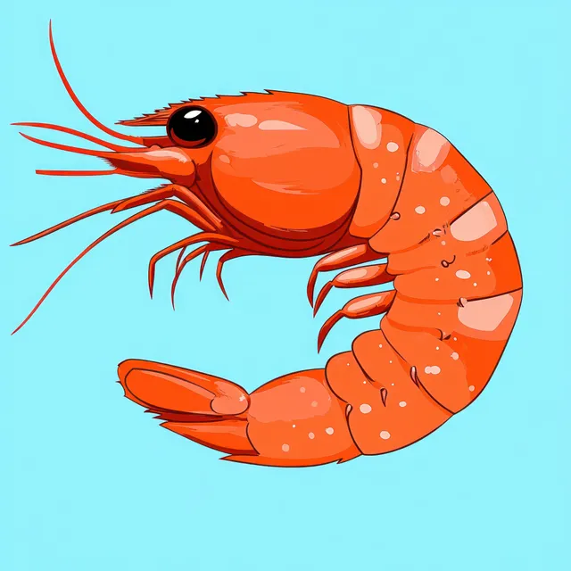 Orange shrimp illustration in close-up view with antennae and black eye on a light blue background.