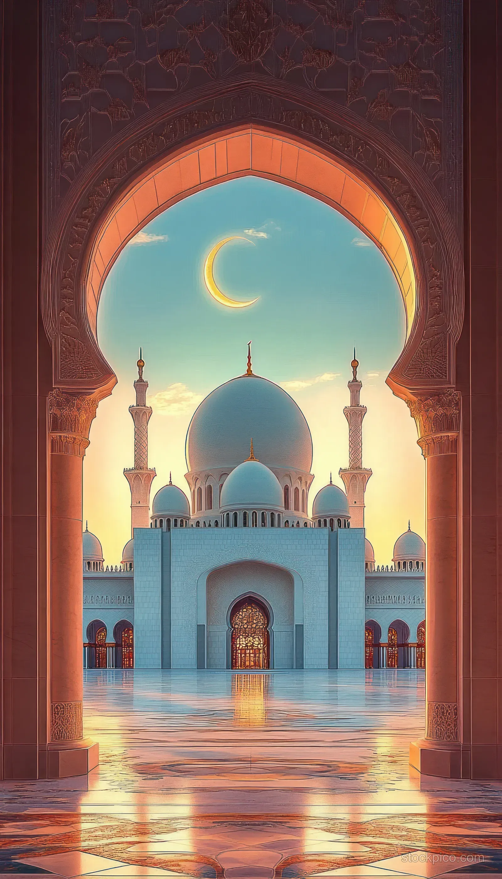 An ornate mosque arch frames domes and minarets at sunset, reflected on a glossy marble floor beneath a crescent moon.