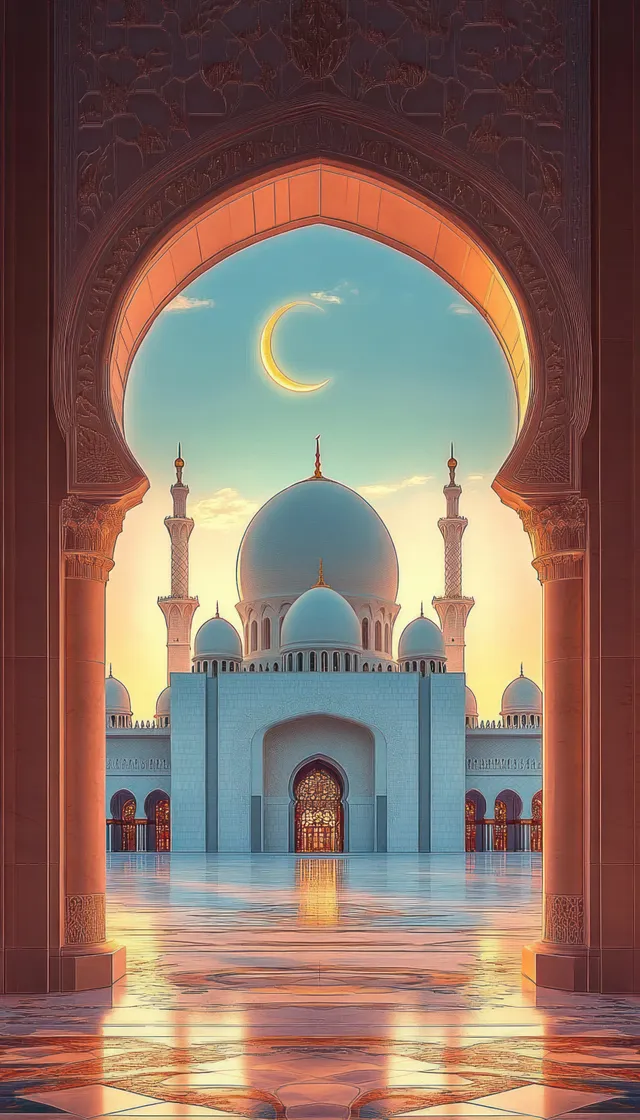 An ornate mosque arch frames domes and minarets at sunset, reflected on a glossy marble floor beneath a crescent moon.