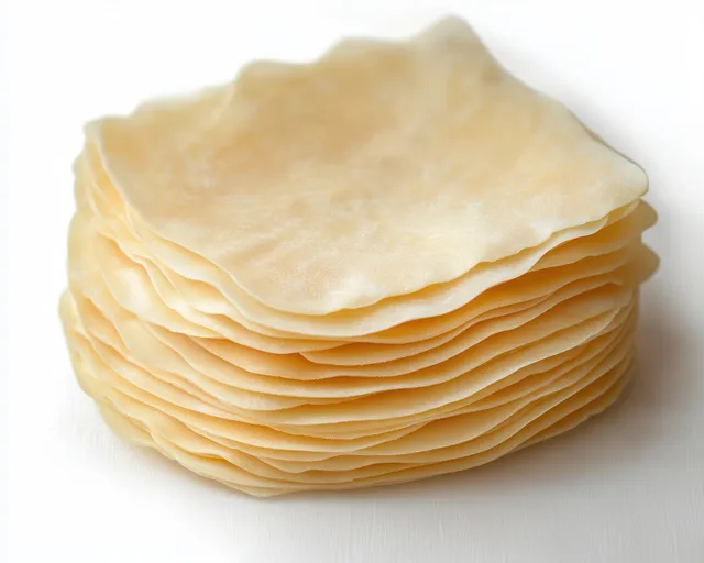 Stack of thin square uncooked pasta sheets with slightly wavy edges on a white background.