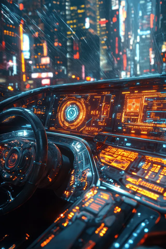 Futuristic car cockpit with glowing digital dashboard, rain reflections, and neon city lights at night