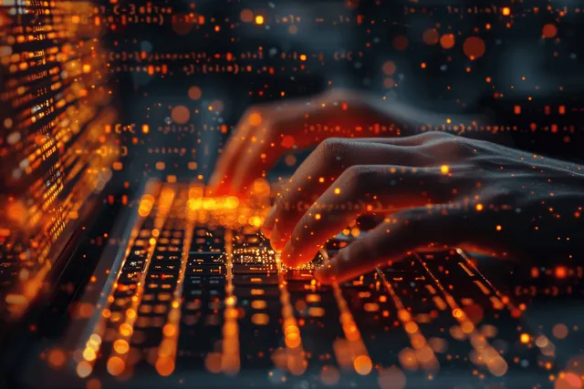 Hands Typing on Glowing Keyboard Amid Cybersecurity Code Sparks