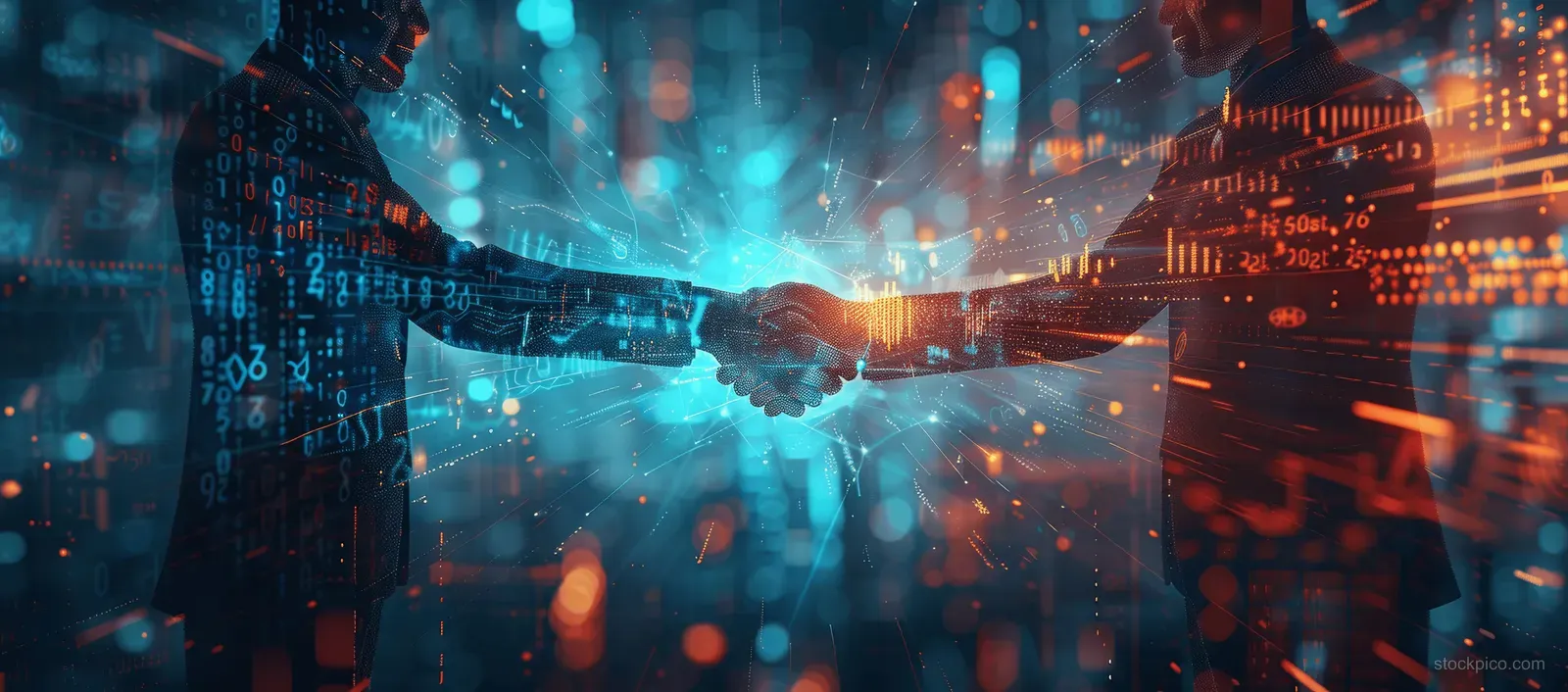 Business handshake appears amid holographic code, big data graphics, and glowing network lights.