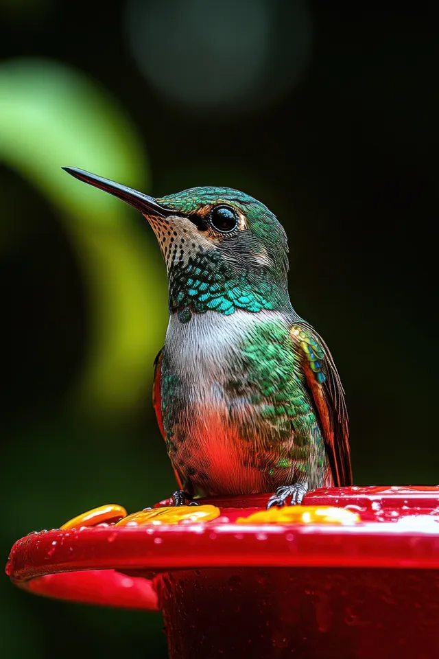 Iridescent hummingbird perched on a red nectar feeder with visible water droplets against a dark blurred background.