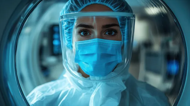 A healthcare worker in a face shield and surgical mask stands in a blue-lit laboratory with medical equipment blurred behind.
