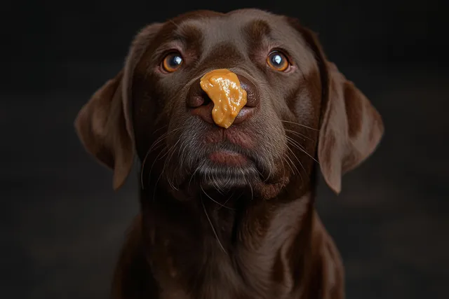 Brown dog close-up with peanut butter on its nose looking upward against a dark background.