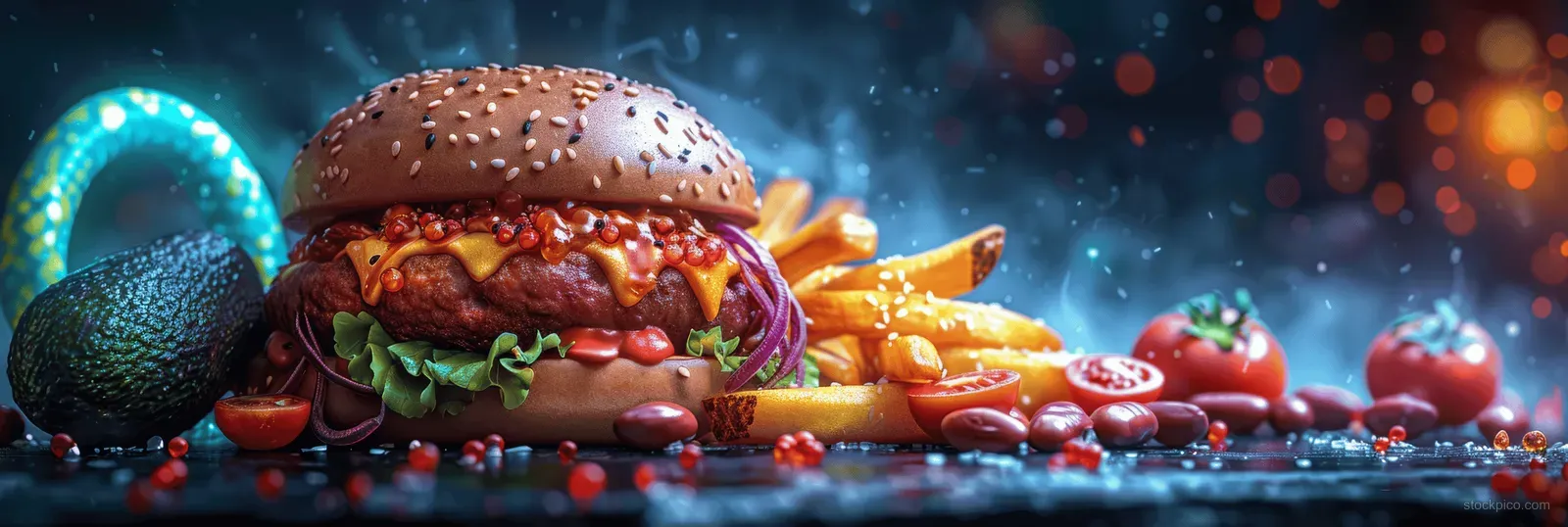 A vibrant fast food background showcases a burger, fries, a playful snake, and neon green light in a dark cyber setting.