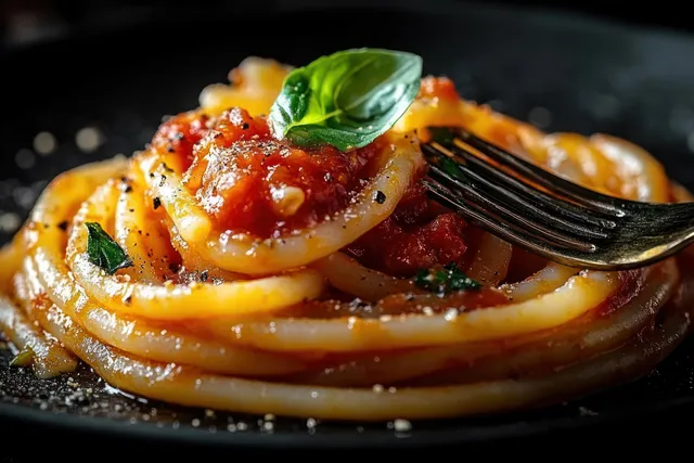 A fork twirls spaghetti in tomato sauce with basil leaves and black pepper on a dark plate.