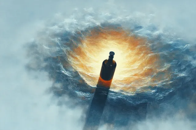 Dark bottle standing upright in the center of a glowing blue-white swirling water vortex with warm light halo.