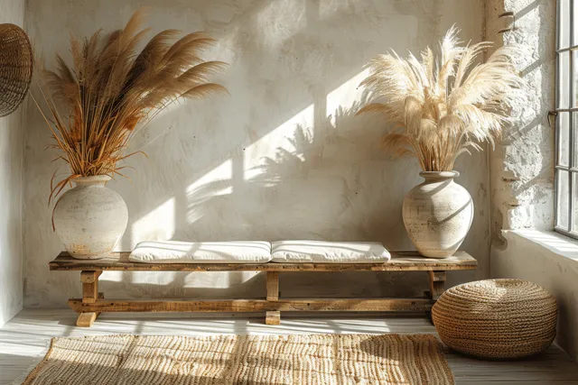 Minimalist living room corner with wooden bench and low table holding pampas grass vases beside a sunlit window.