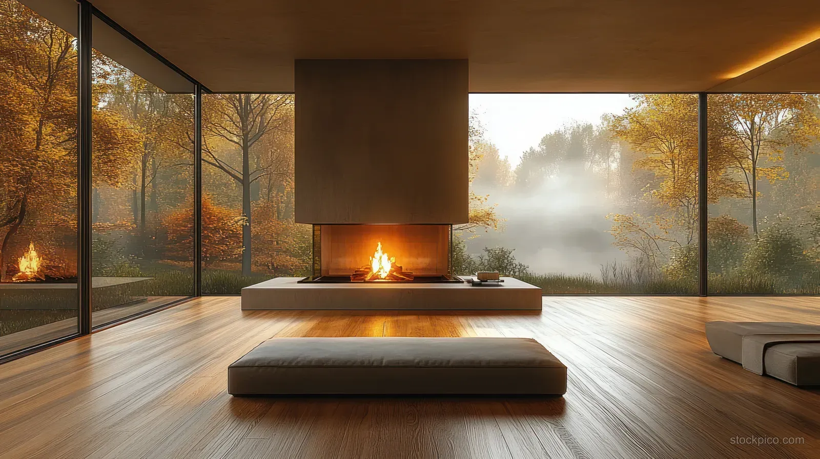 A minimalist living room with a burning fireplace and large windows showing a foggy autumn forest.