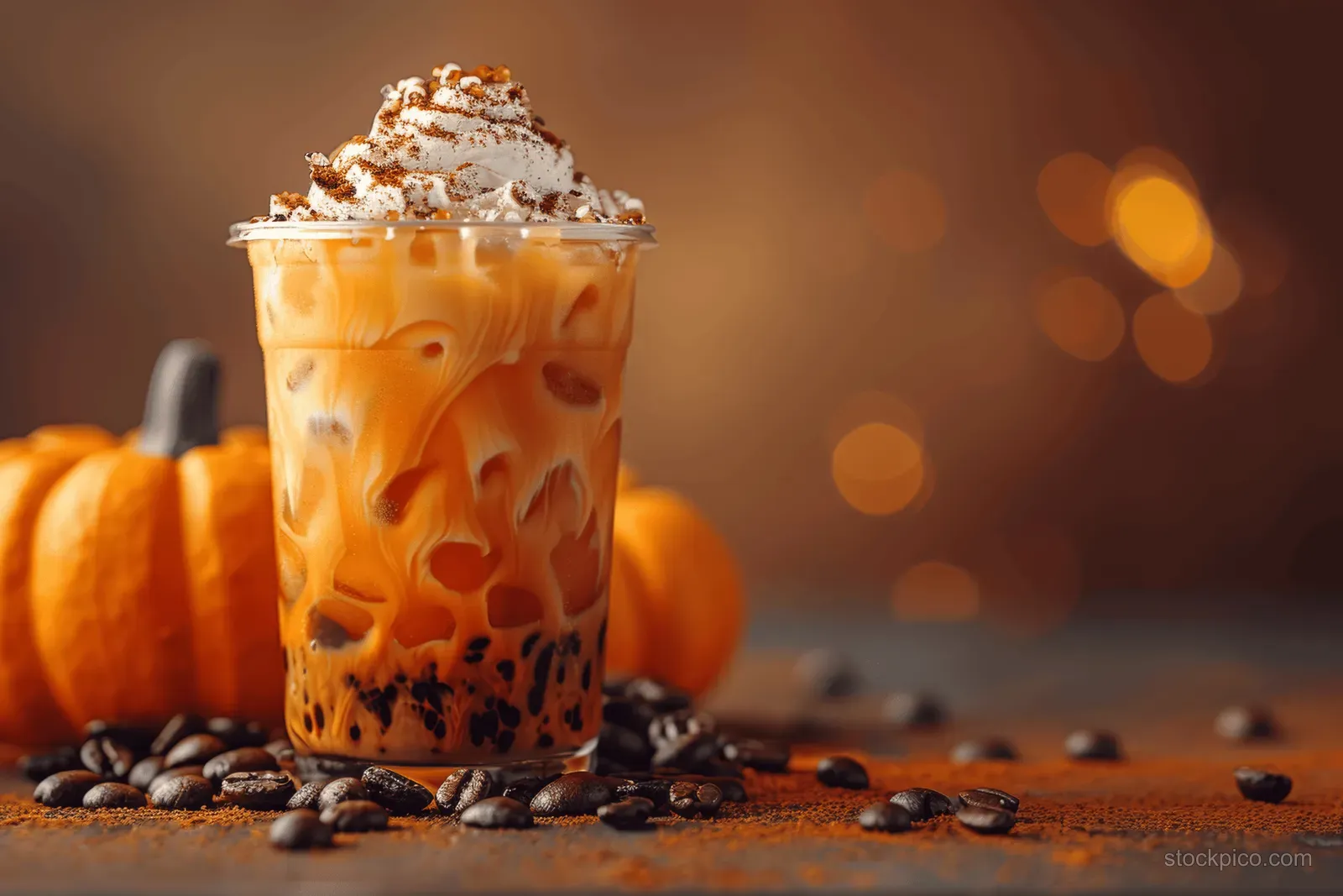 Clear glass pumpkin cream cold brew latte with ice, pumpkin drizzle, and scattered coffee beans on a tabletop.