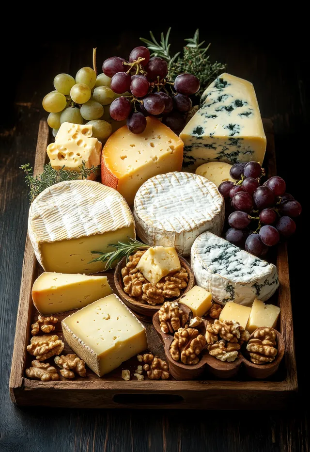Assorted cheeses on a wooden board with red and green grapes and walnuts arranged neatly.