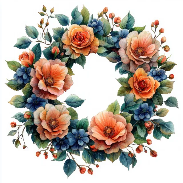 Watercolor circular wreath of peach roses, blue flowers, and green leaves on a white background.