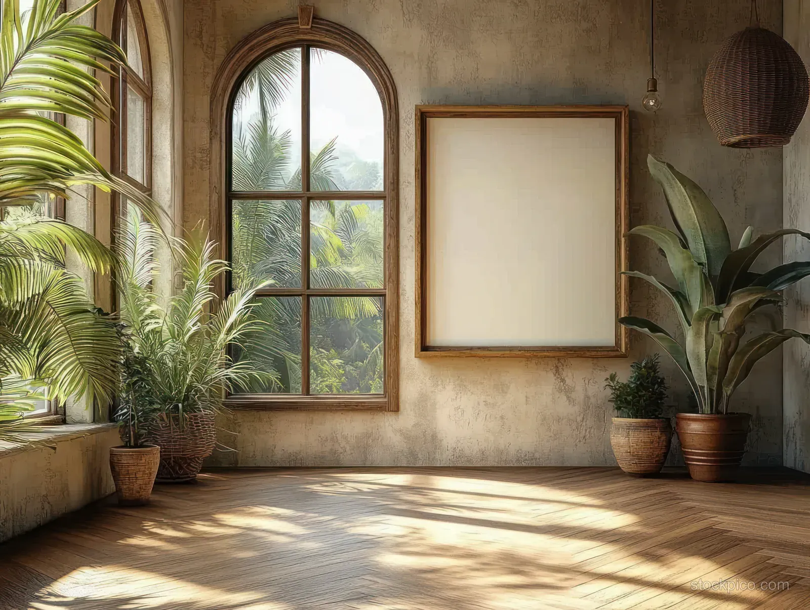 Blank wooden square frame on an interior wall with potted plants and sunlit window casting soft shadows.