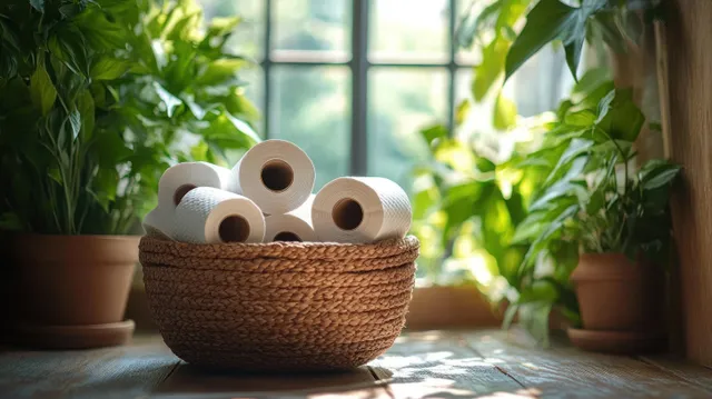 Woven basket filled with toilet paper rolls on wooden floor beside green potted plants with daylight from a window.