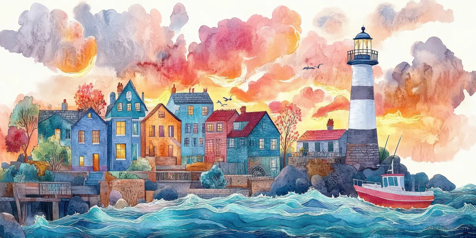Watercolor coastal town with colorful houses and a lighthouse beside rippling ocean waves.