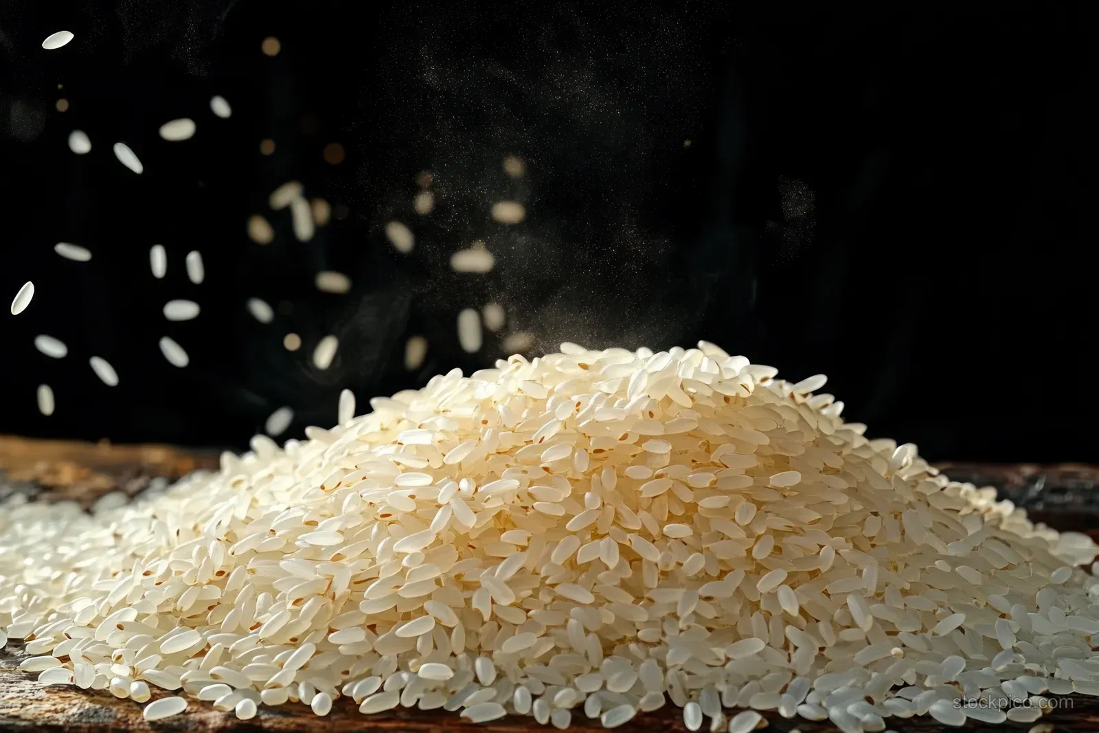 Uncooked white rice grains piled together with a few grains falling on a dark background.
