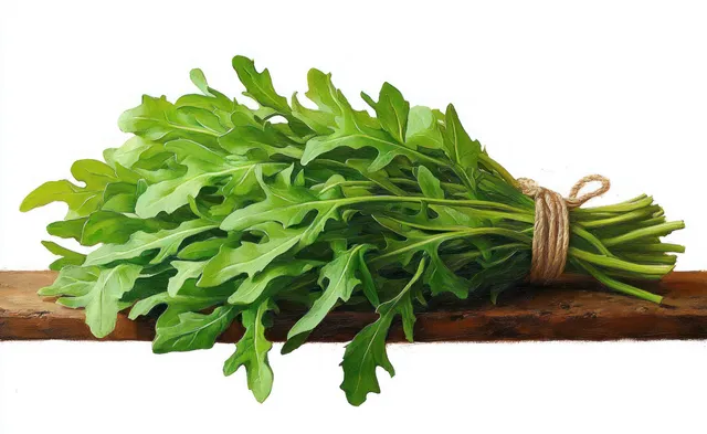 Fresh arugula leaves bundled with twine on a wooden board against a white background.