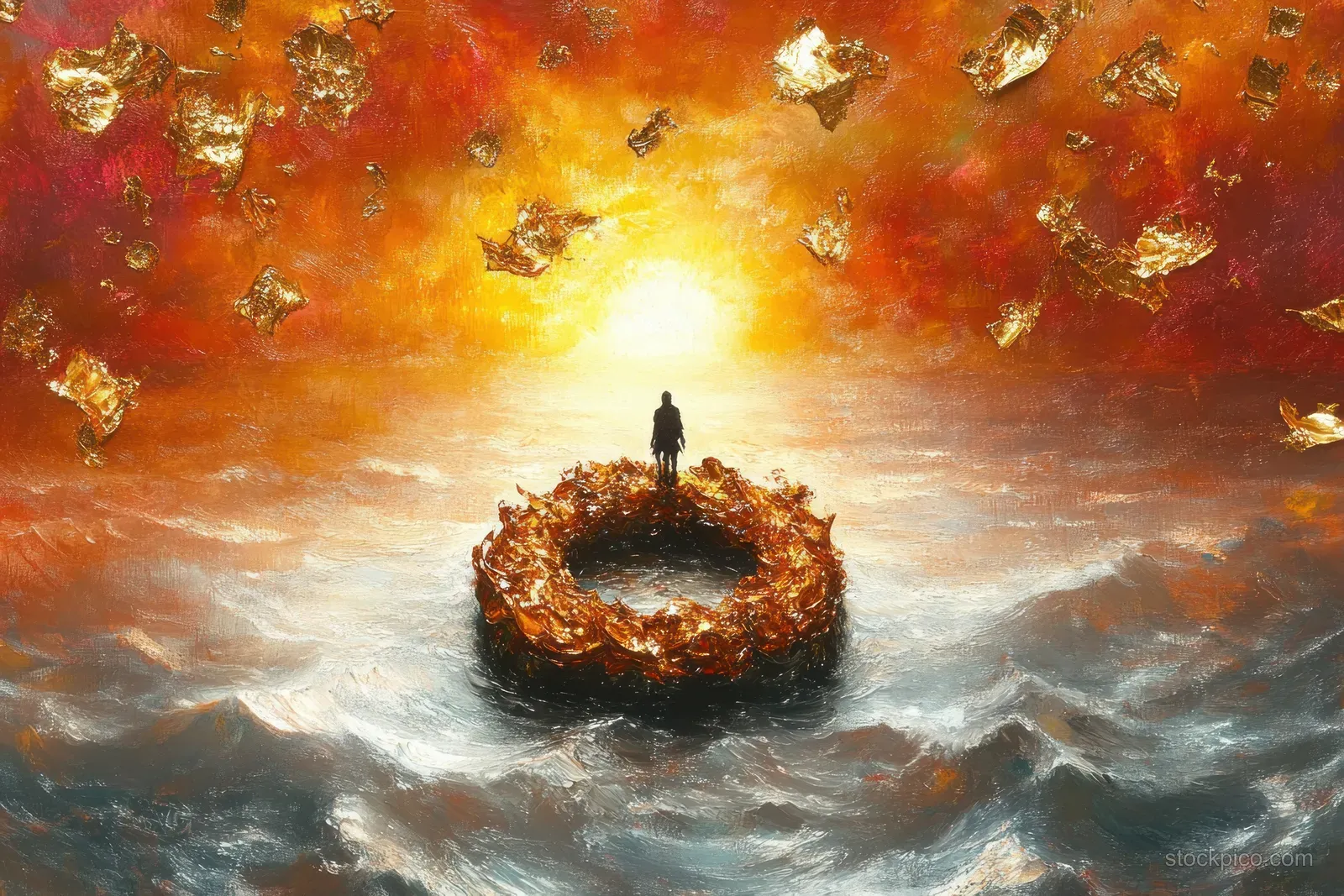 A lone silhouette stands on a glowing golden ring floating in rough ocean beneath a fiery orange sky with golden fragments.