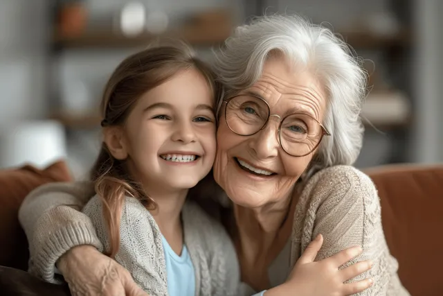 A smiling grandmother cuddles her laughing granddaughter on a sofa in a cozy living room.