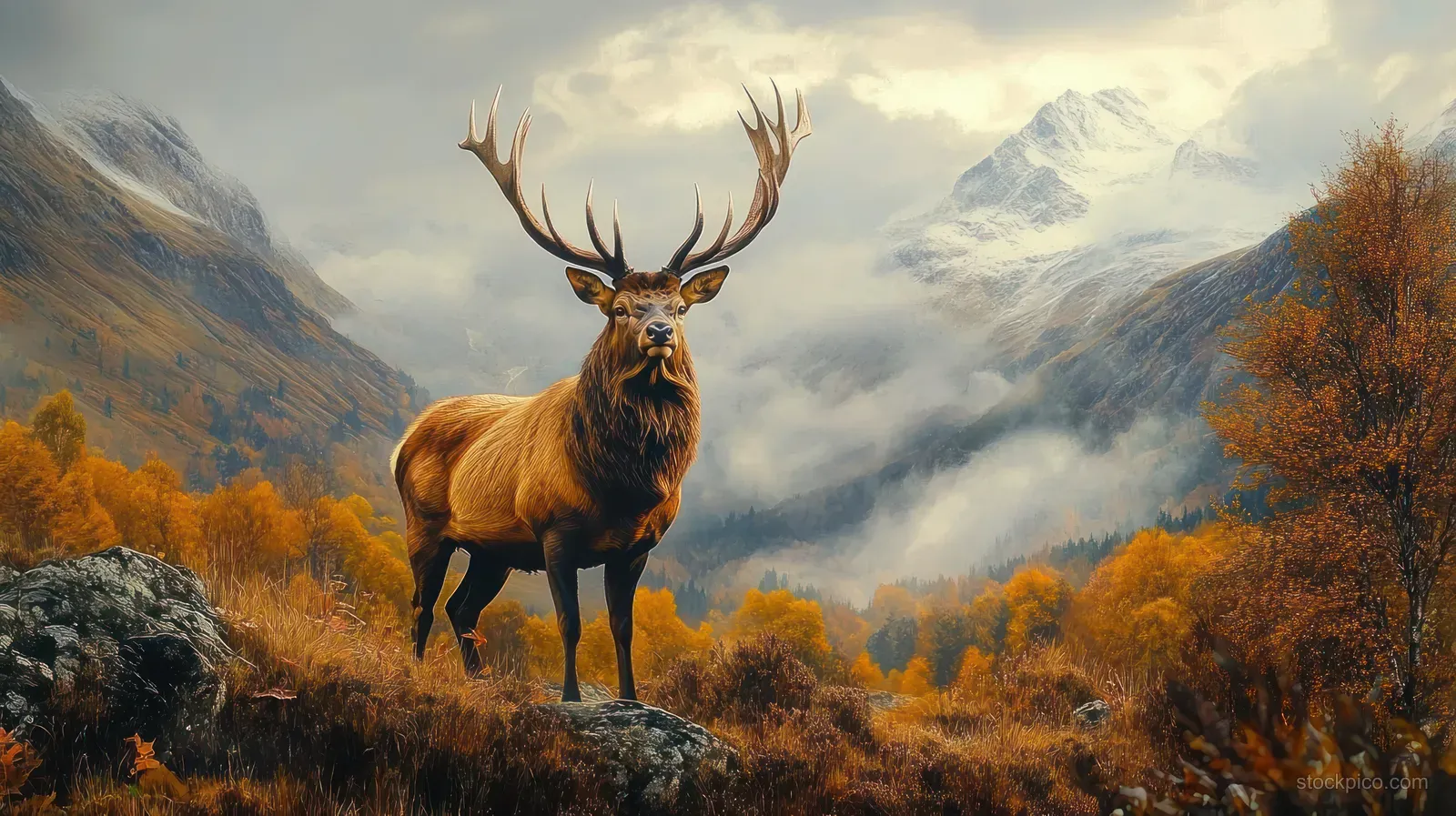 Majestic elk with antlers stands on a rock in an autumn valley, surrounded by colorful trees and mist.