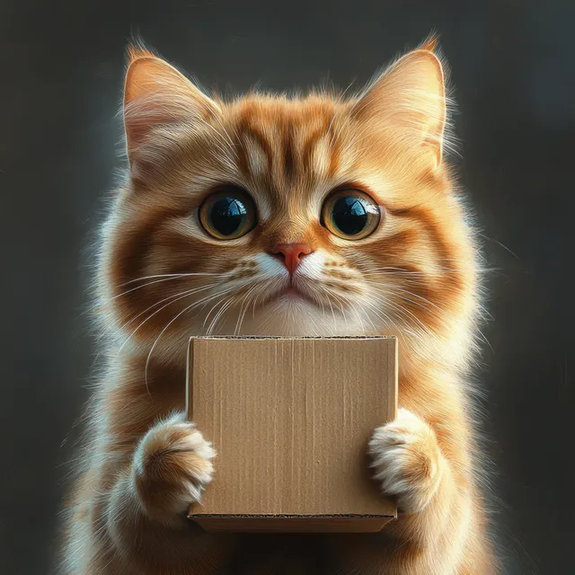 Fluffy orange kitten holding a small cardboard box, curious gaze on dark studio background