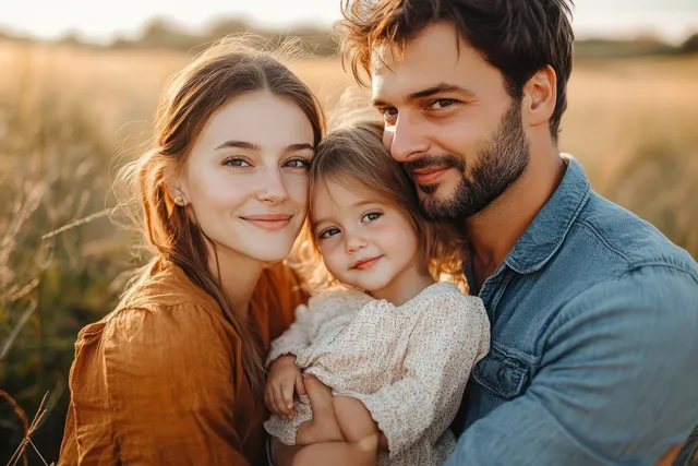 Parents and their child smile together in a golden field at sunset during warm golden-hour light.