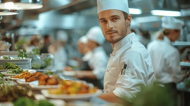 Chef in a white jacket arranging food trays at a restaurant counter with blurred diners behind.