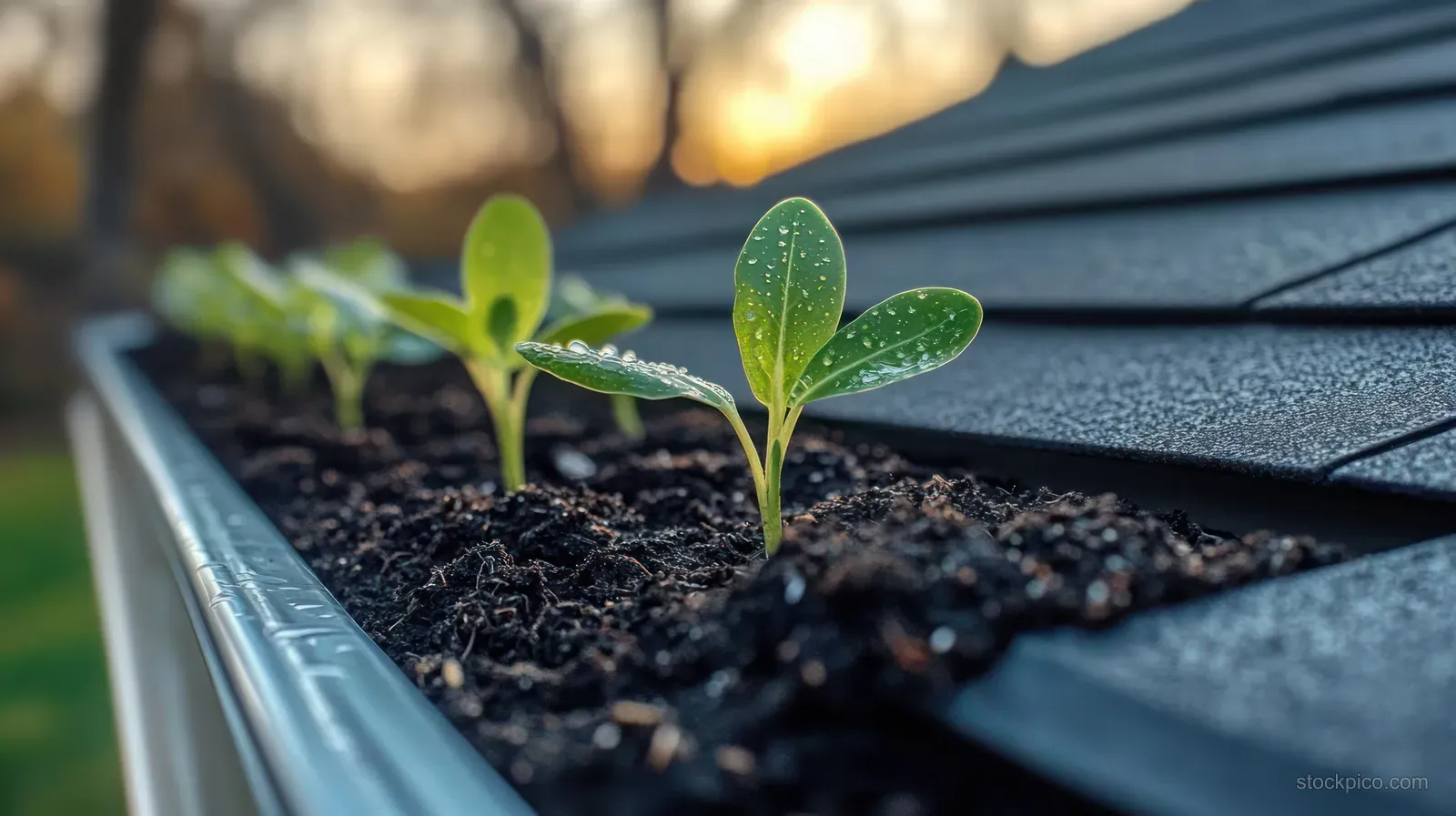 Fresh seedlings sprout in dark soil within a rain gutter, with dewdrops on green leaves and warm sunlight in the background.