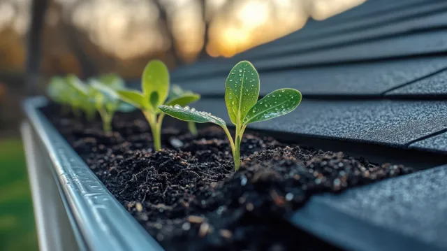 Close-up seedlings sprouting in a rain gutter, dewdrops beading on fresh green leaves