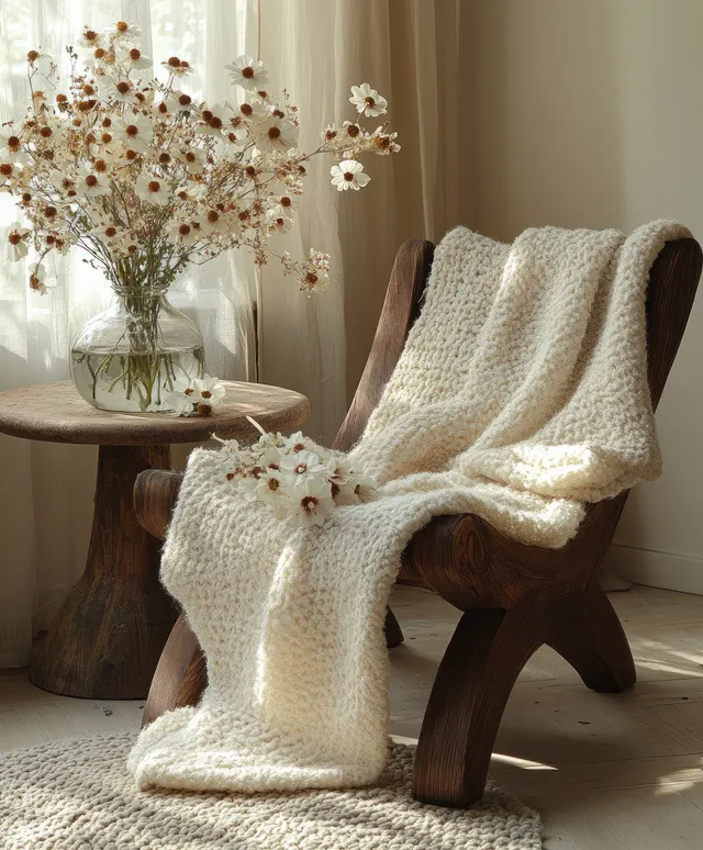 Sunlit Scandinavian living room corner with a wooden chair wrapped in a cream blanket and a table holding a flower vase.